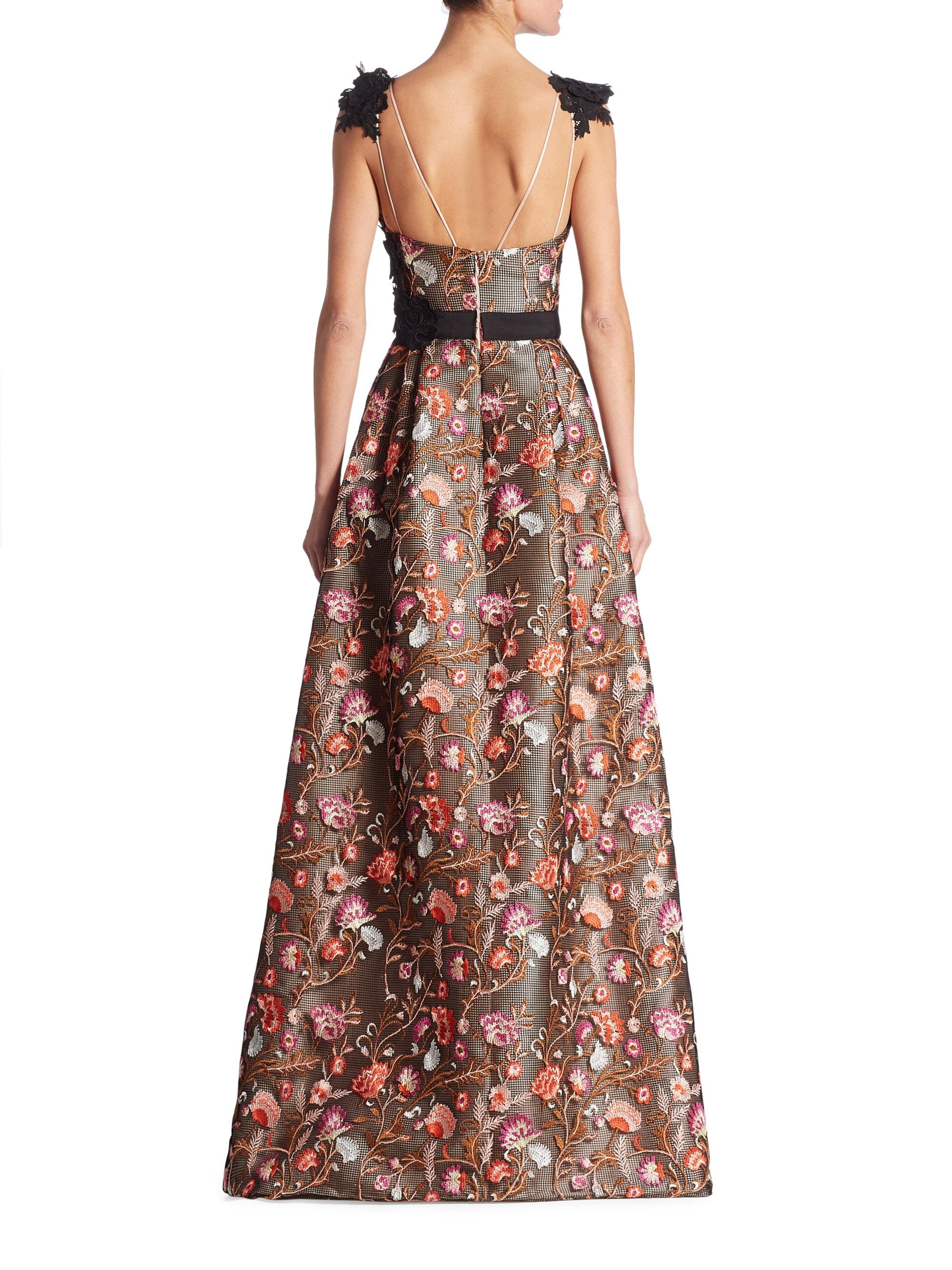 Ml Monique Lhuillier Bright Floral Embroidered Gown In Pink Lyst 